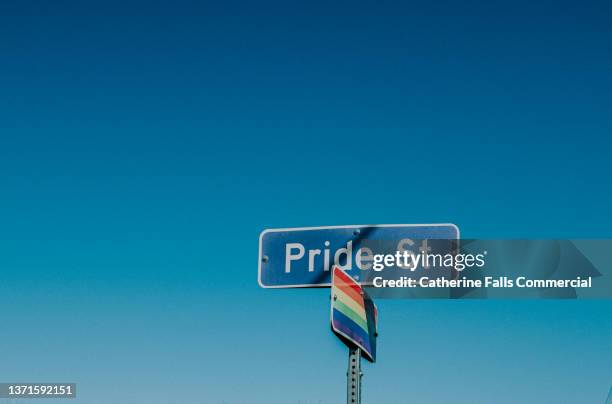 american road sign displaying 'pride street' with a rainbow flag underneath - street name sign fotografías e imágenes de stock