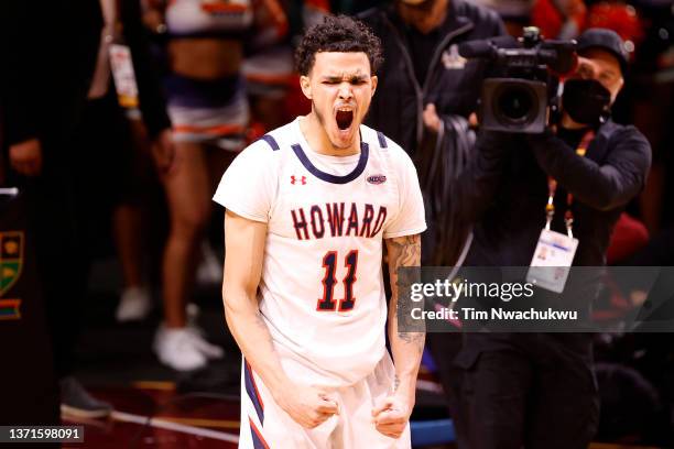 Kyle Foster of the Howard Bison celebrates after defeating the Morgan State Bears 68-66 in the NBA x HBCU Classic Presented by AT&T as part of the...