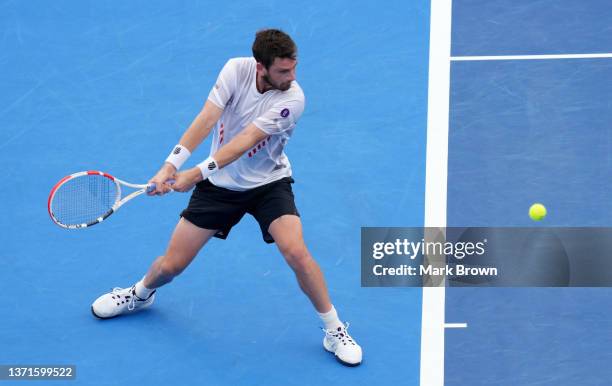 Cameron Norrie of Great Britain returns a shot against Tommy Paul of the United States during the Semifinals of the Delray Beach Open by Vitacost.com...