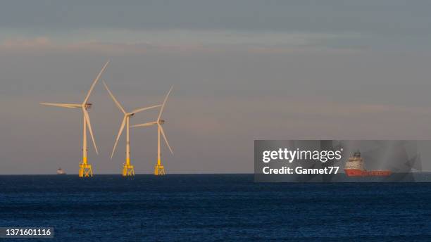 offshore wind turbines near aberdeen, scotland - offshore windfarm stock pictures, royalty-free photos & images