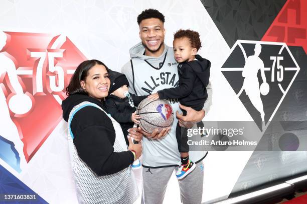 Mariah Riddlesprigger, Giannis Antetokounmpo, and Liam Charles Antetokounmpo are seen during NBA x HBCU Classic Presented by AT&T as part of the 2022...