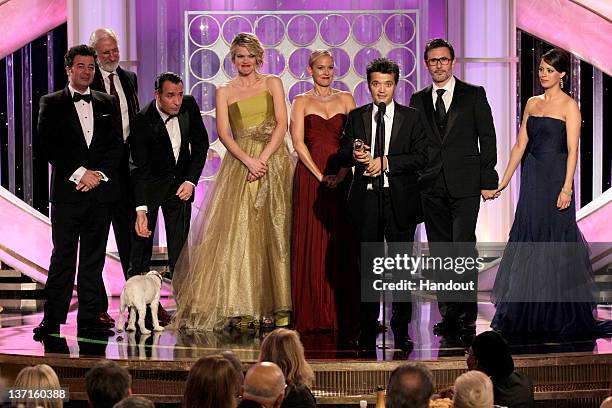 In this handout photo provided by NBC, actors Ludovic Bource, James Cromwell, Jean Dujardin, Missi Pyle, Ann Miller, producer Thomas Langmann,...