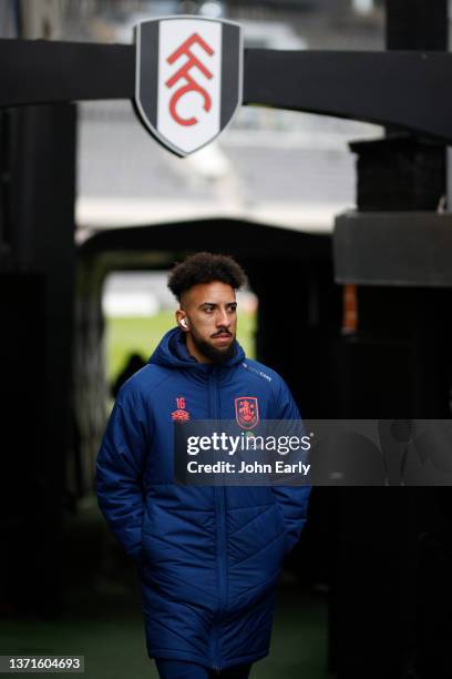 Sorba Thomas of Huddersfield Town arrives before the Sky Bet Championship match between Fulham and Huddersfield Town at Craven Cottage on February...