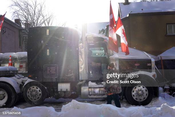 Truck sits on the street near Parliament Hill, one of the few remaining after a demonstration organized by truck drivers opposing vaccine mandates...