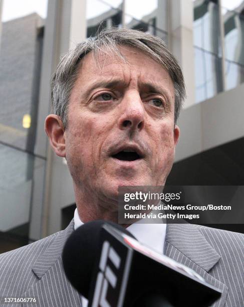 Sam Sutter speaks to reporters at The Fall River Justice Center on Thursday, June 27 2013 after former Patriots player Arron Hernandez was denied...