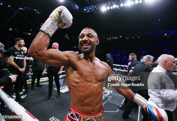 Kell Brook celebrates victory over Amir Khan during their Welterweight contest at AO Arena on February 19, 2022 in Manchester, England.