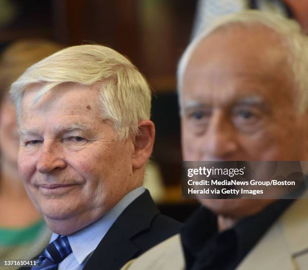 Former President of the Massachusetts Senate William Bulger and former Attorney General Francis X. Bellotti listen to one of several testimonials in...