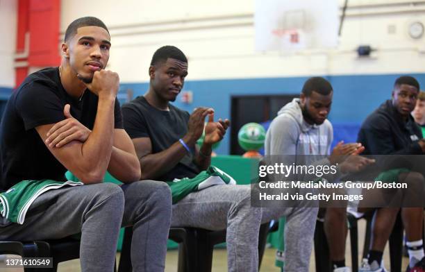 Boston Celtic draft picks Jayson Tatum, Jabari Bird, Kadeem Allen and Semi Ojeleye (take questions from kids at the Ohrenberger school in West...