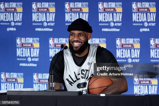 LeBron James of Team LeBron talks to the media during NBA All Star Practice as part of 2022 NBA All Star Weekend on Saturday February 19, 2022 at...