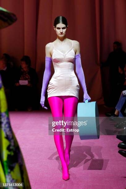 Model walks the runway at the Richard Quinn show during London Fashion Week February 2022 on February 19, 2022 in London, United Kingdom.