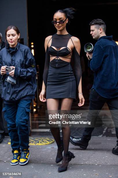 Model Jourdan Dunn seen wearing black dress, sunglasses outside Nensi Dojaka during London Fashion Week February 2022 on February 19, 2022 in London,...