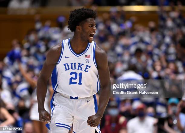 Griffin of the Duke Blue Devils reacts during the first half of their game against the Florida State Seminoles at Cameron Indoor Stadium on February...