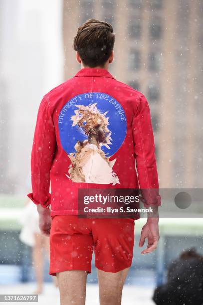 Model walks the runway wearing Devenity with Zhou jewelry during the Flying Solo NYFW February 2022 on February 13, 2022 in New York City.