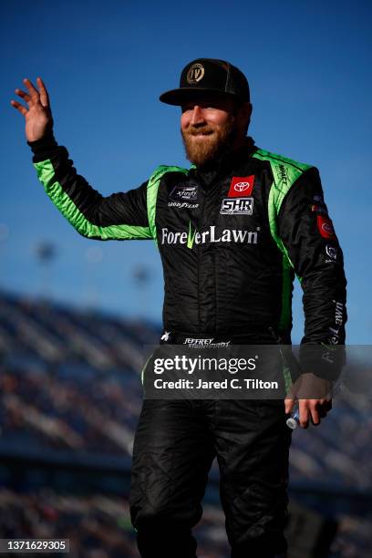 Jeffrey Earnhardt, driver of the ForeverLawn Toyota, is introduced prior to the NASCAR Xfinity Series Beef. It's What's For Dinner. 300 at Daytona...