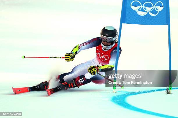 Paula Moltzan of Team United States skis during the Mixed Team Parallel 1/8 final on day 16 of the Beijing 2022 Winter Olympic Games at National...