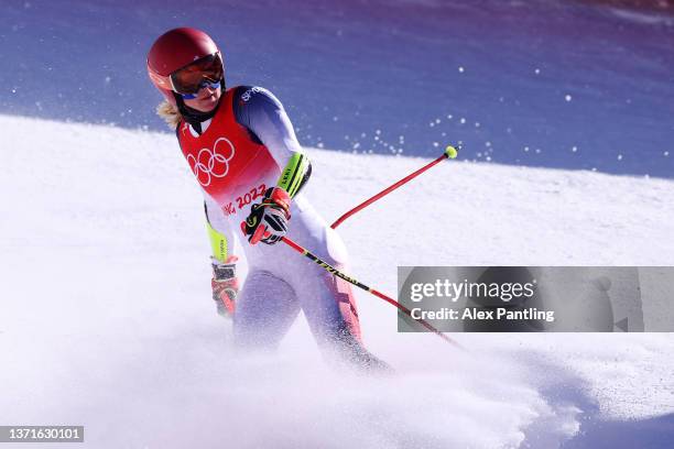 Mikaela Shiffrin of Team United States wins her heat during the Mixed Team Parallel 1/8 final on day 16 of the Beijing 2022 Winter Olympic Games at...