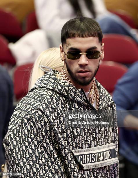 Anuel AA is seen during the Taco Bell Skills Challenge as part of the 2022 All-Star Weekend at Rocket Mortgage Fieldhouse on February 19, 2022 in...