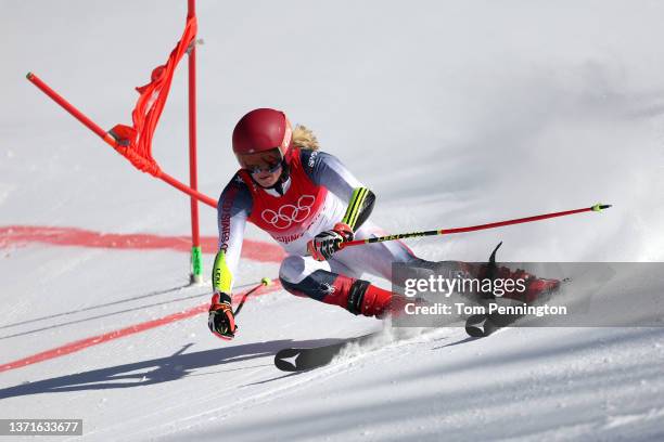 Mikaela Shiffrin of Team United States skis during the Mixed Team Parallel 1/4 final on day 16 of the Beijing 2022 Winter Olympic Games at National...