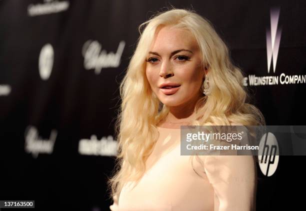 Actress Lindsay Lohan arrives at The Weinstein Company's 2012 Golden Globe Awards After Party held at The Beverly Hilton hotel on January 15, 2012 in...