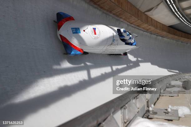 Dominik Dvorak, Jan Sindelar, Jakub Nosek and Dominik Zalesky of Team Czech Republic slide during the four-man Bobsleigh heat 3 on day 16 of Beijing...