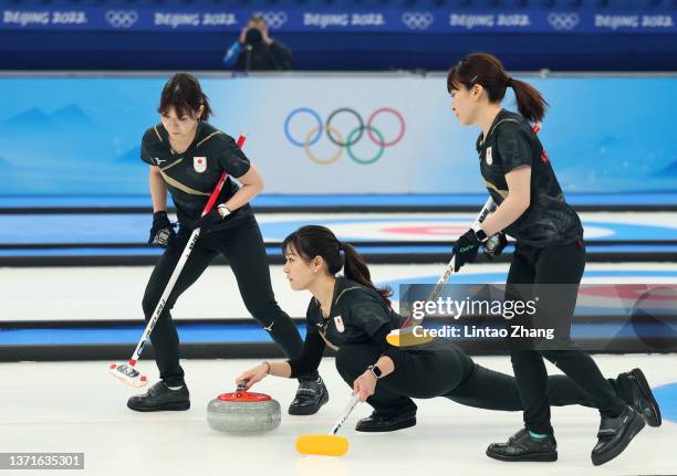 Yurika Yoshida, Chinami Yoshida and Yumi Suzuki of Team Japan compete during the Women's Gold Medal match between Team Japan and Team Great Britain...