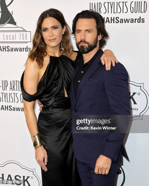 Mandy Moore and Milo Ventimiglia attend the 9th Annual Make-Up Artists & Hair Stylists Guild Awards at The Beverly Hilton on February 19, 2022 in...