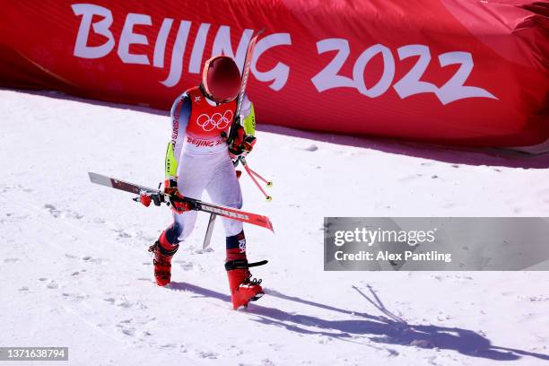 Mikaela Shiffrin of Team United States exits the ski area following the Mixed Team Parallel Small Final on day 16 of the Beijing 2022 Winter Olympic...