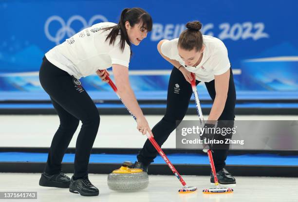 Hailey Duff and Jennifer Dodds of Team Great Britain compete during the Women's Gold Medal match between Team Japan and Team Great Britain at...