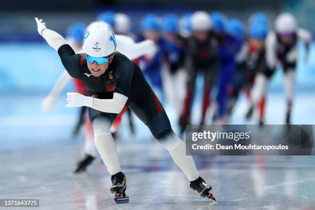 Claudia Pechstein of Team Germany skates during the Women's Mass Start Final on day fifteen of the Beijing 2022 Winter Olympic Games at National...