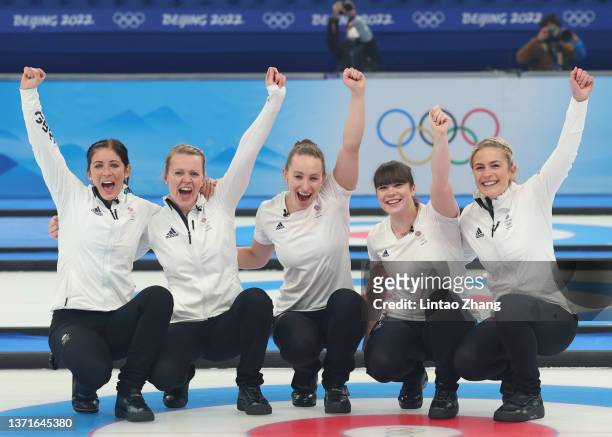 Eve Muirhead, Vicky Wright, Jennifer Dodds, Hailey Duff and Mili Smith of Team Great Britain celebrate after defeating Team Japan in the Women's Gold...