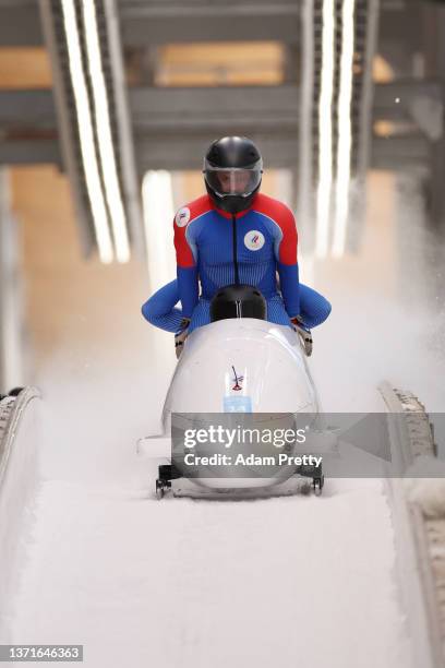 Maxim Andrianov, Aleksey Zaytsev, Vladislav Zharovtsev and Dmitrii Lopin of Team ROC finish their slide during the four-man Bobsleigh heat 4 on day...