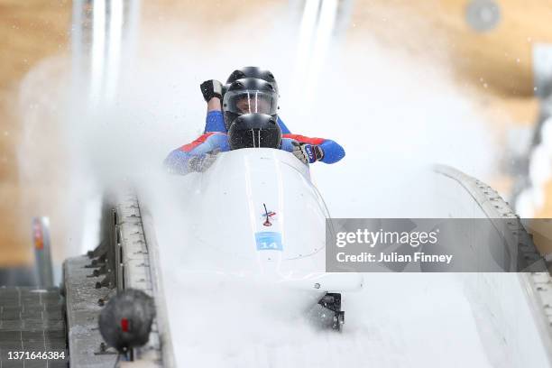 Maxim Andrianov, Aleksey Zaytsev, Vladislav Zharovtsev and Dmitrii Lopin of Team ROC finish their slide during the four-man Bobsleigh heat 4 on day...