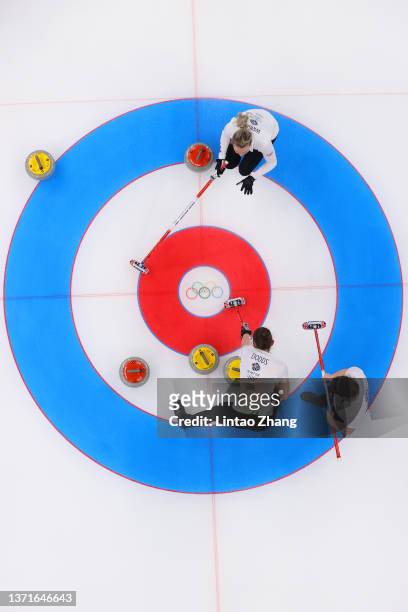 Vicky Wright, Jennifer Dodds and Hailey Duff of Team Great Britain compete during the Women's Gold Medal match between Team Japan and Team Great...