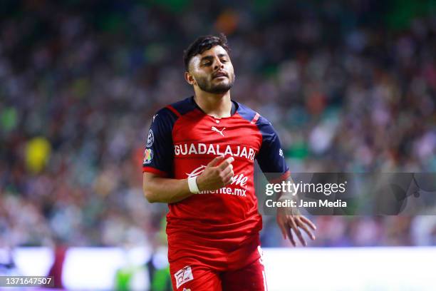 Alexis Vega of Chivas reacts during the 6th round match between Leon and Chivas as part of the Torneo Grita Mexico C22 Liga MX at Leon Stadium on...