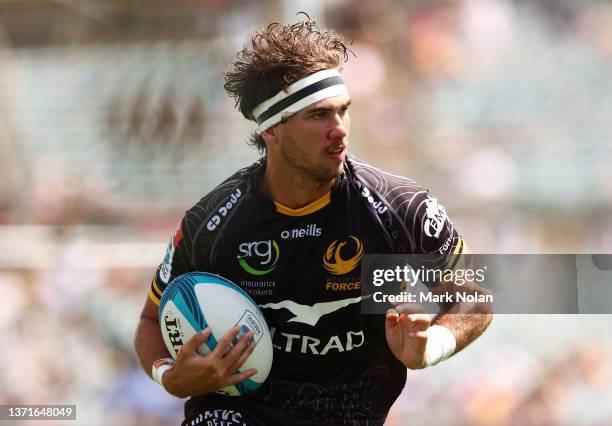 Jake Strachan of the Force in action during the round one Super Rugby Pacific match between the ACT Brumbies and the Western Force at GIO Stadium on...