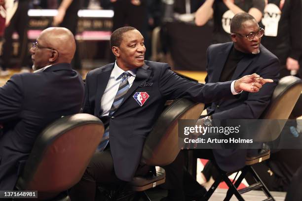 Legends Clyde Drexler, Isiah Thomas and Dominique Wilkins attend the AT&T Slam Dunk Contest as part of the 2022 NBA All Star Weekend at Rocket...