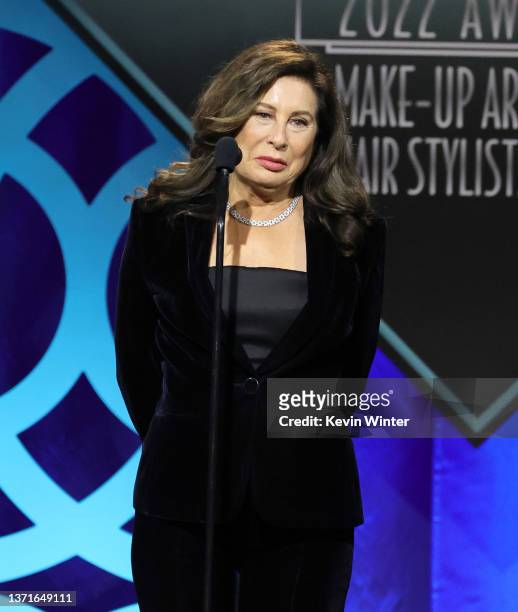 Paula Wagner speaks onstage during the 9th Annual Make-Up Artists & Hair Stylists Guild Awards at The Beverly Hilton on February 19, 2022 in Beverly...