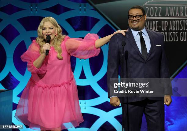 Melissa Peterman and Cedric Yarbrough speak onstage during the 9th Annual Make-Up Artists & Hair Stylists Guild Awards at The Beverly Hilton on...