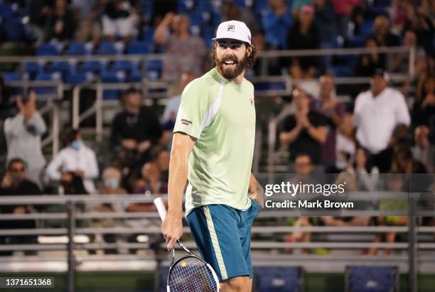 Reilly Opelka of the United States reacts after dispatching of John Millman of Australia in a three set tie breaker during the Semifinals of the...