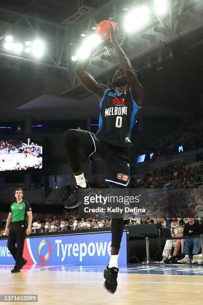 Jo Lual-Acuil of United shoots during the round 12 NBL match between Melbourne United and New Zealand Breakers at John Cain Arena on February 20 in...