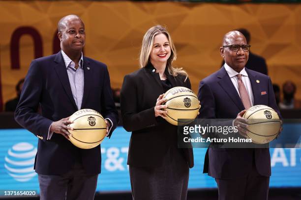 Wayne A. I. Frederick President of Howard University stands with Molly Kocour Boyle, president of AT&T Ohio, and David Wilson President of Morgan...