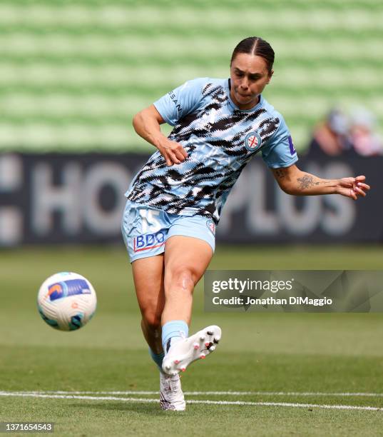 Emma Checker of Melbourne is pictured warming up ahead of the round 12 A-League Women's match between Melbourne City and Sydney FC at AAMI Park, on...