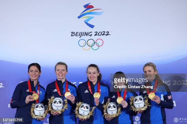 Curlers Eve Muirhead, Vicky Wright, Jennifer Dodds , Hailey Duff, and Milli Smith of Team Great Britain attend a press conference after winning the...
