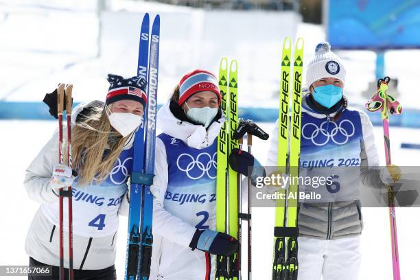 Gold medallist Therese Johaug of Team Norway , Silver medallist Jessie Diggins of Team United States and Bronze medallist Kerttu Niskanen of Team...