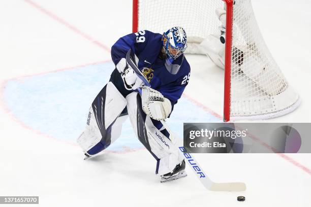 Harri Sateri of Team Finland controls the puck in the second period during the Men's Ice Hockey Gold Medal match between Team Finland and Team ROC on...