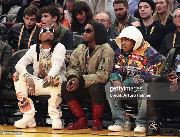 Quavo, Offset, and Takeoff of Migos attend the AT&T Slam Dunk Contest as part of the 2022 NBA All Star Weekend at Rocket Mortgage Fieldhouse on...