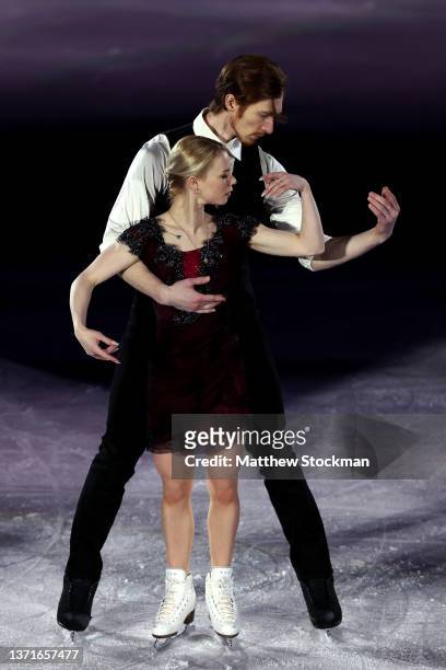 Evgenia Tarasova and Vladimir Morozov of Team ROC skate during the Figure Skating Gala Exhibition on day sixteen of the Beijing 2022 Winter Olympic...
