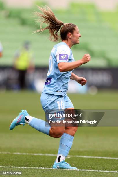 Rhianna Pollicina of Melbourne celebrates a goal during the round 12 A-League Women's match between Melbourne City and Sydney FC at AAMI Park, on...