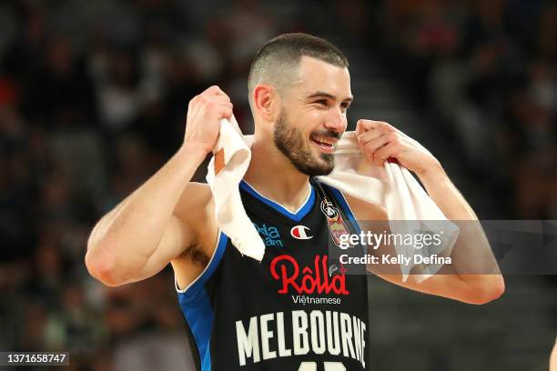 Chris Goulding of United reacts during the round 12 NBL match between Melbourne United and New Zealand Breakers at John Cain Arena on February 20 in...