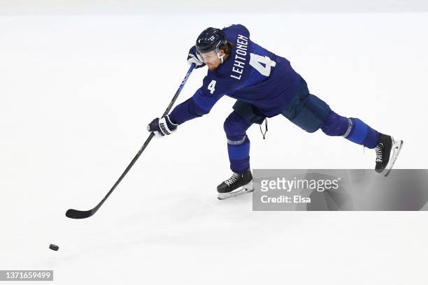Mikko Lehtonen of Team Finland shoots in the second period during the Men's Ice Hockey Gold Medal match between Team Finland and Team ROC on Day 16...